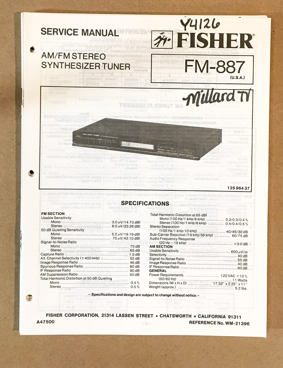 Fisher FM-887 Tuner Service Manual *Original*