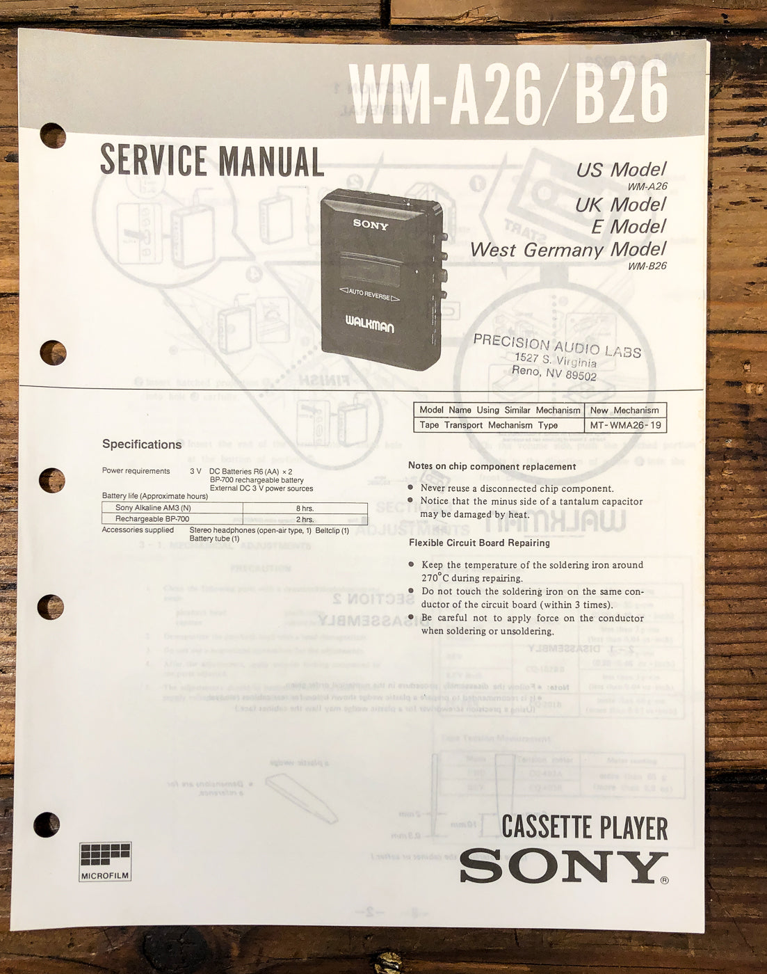 Sony WM-A26 WM-B26 Cassette Service Manual *Original*