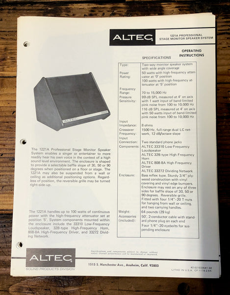 Altec Model 1221A Speaker  Owners Manual & Schematic *Orig*