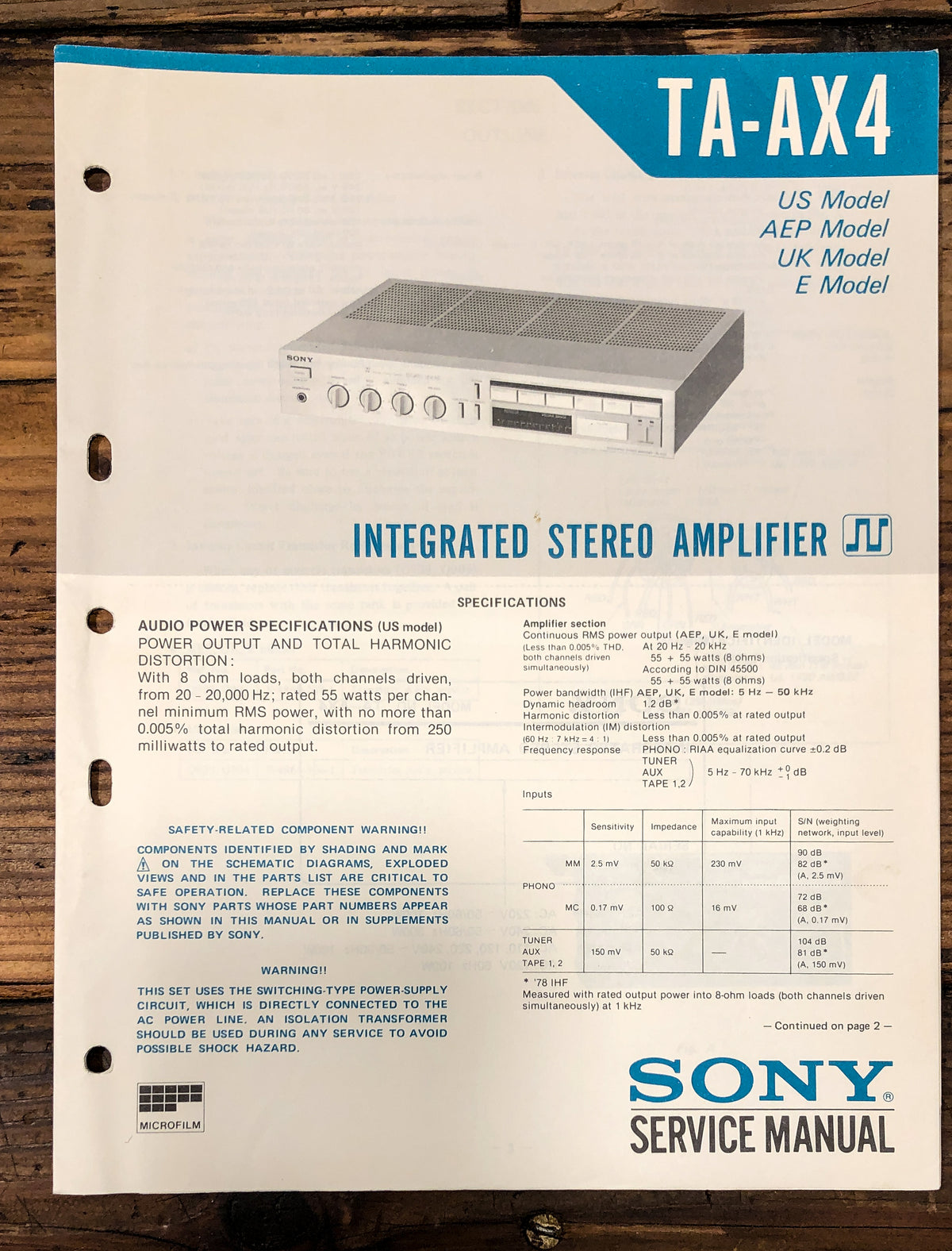 Sony TA-AX4 Amplifier Service Manual *Original*