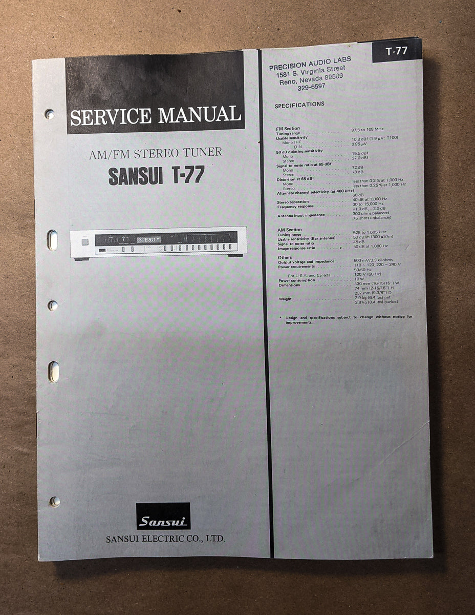 Sansui T-77 Tuner Service Manual *Original*