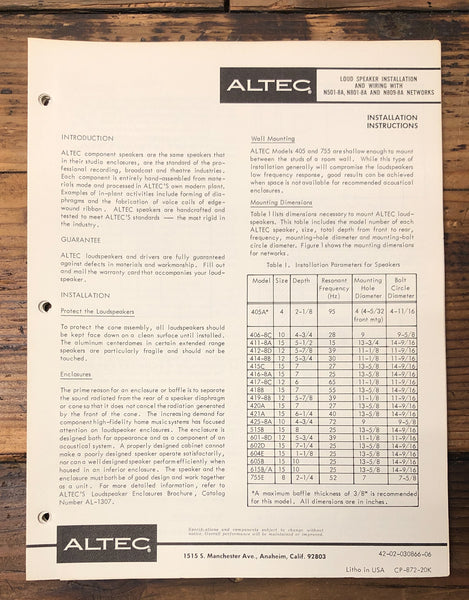 Altec N501-8A N801-8A N809-9A Crossover Installation Manual  *Original*