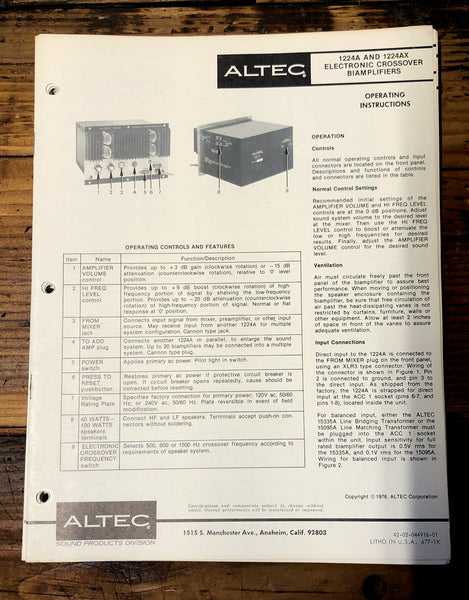 Altec Model 1224A 1224AX Crossover  Owners Manual & Schematic *Orig*