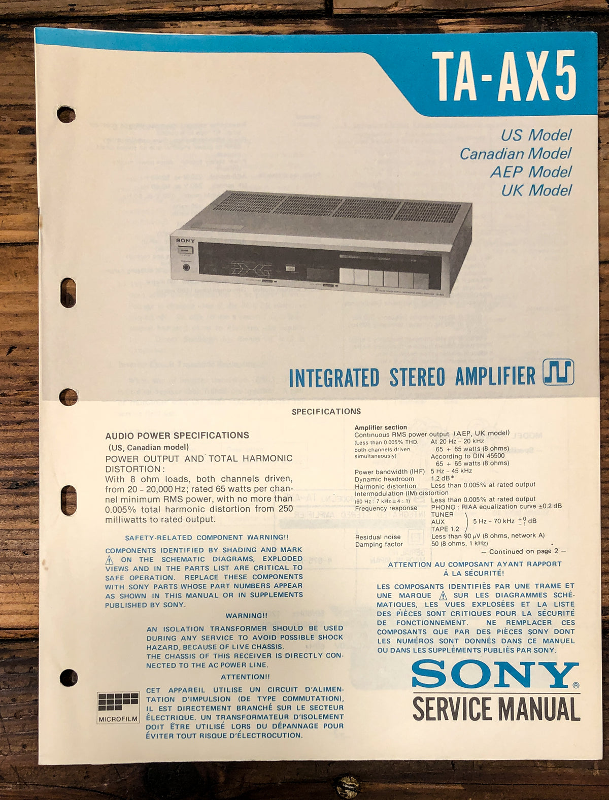 Sony TA-AX5 Amplifier Service Manual *Original*