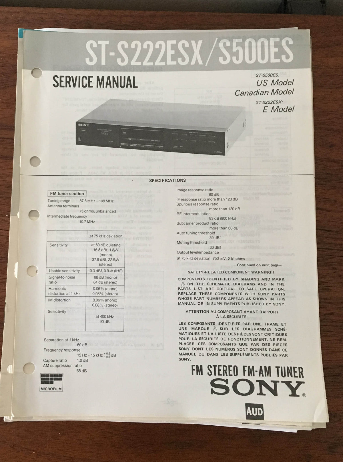 Sony ST-S222ESX ST-S500ES Tuner Service Manual *Original*