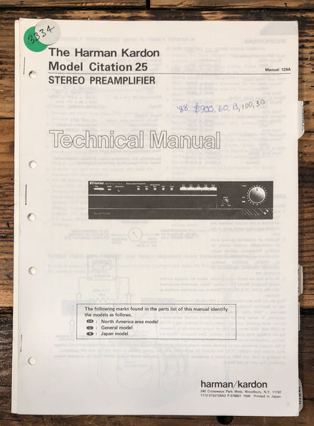 Harman Kardon Citation 25 Preamp / Preamplifier  Service Manual *Original*