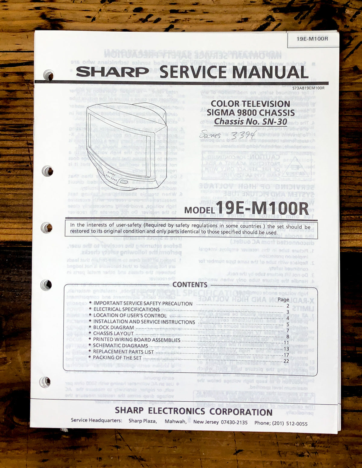 Sharp 19EM100R TV / Television Service Manual *Original*