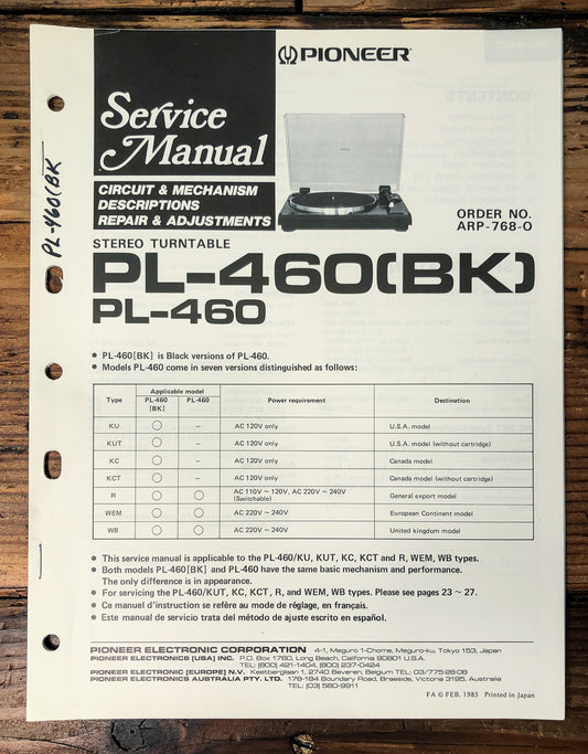 Pioneer PL-460 Turntable Service Manual *Original*