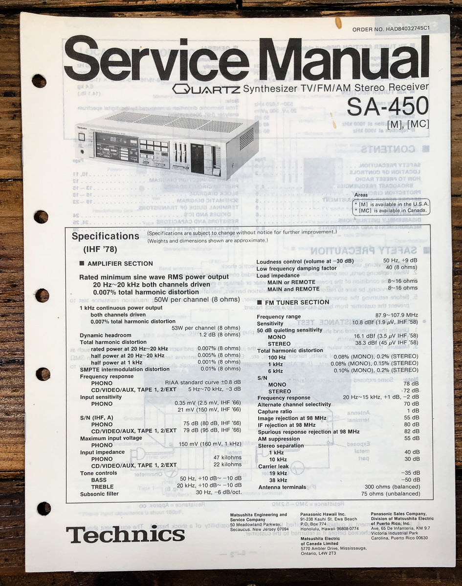 Technics SA-450 Receiver Service Manual *Original*