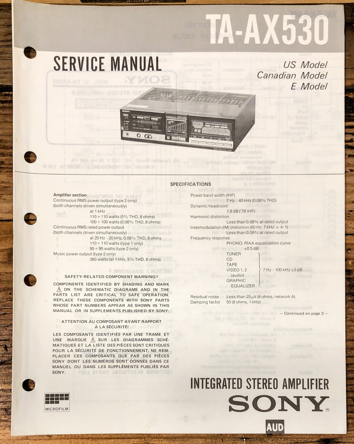 Sony TA-AX530 Amplifier  Service Manual *Original*