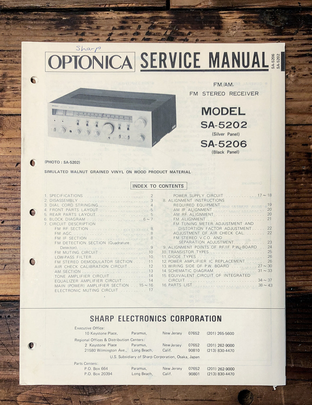Sharp / Optonica SA-5202 SA-5206 Amplifier  Service Manual *Original*