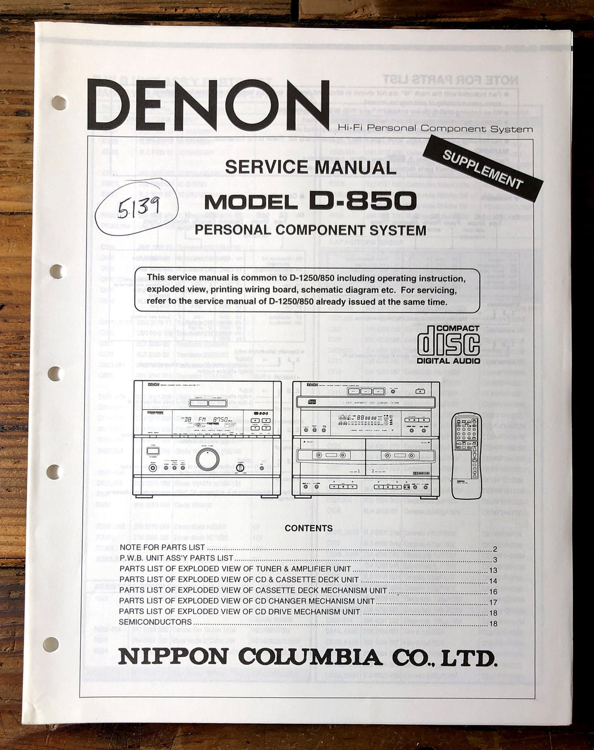 Denon D-850 Personal Component System Supp. Service Manual *Original*