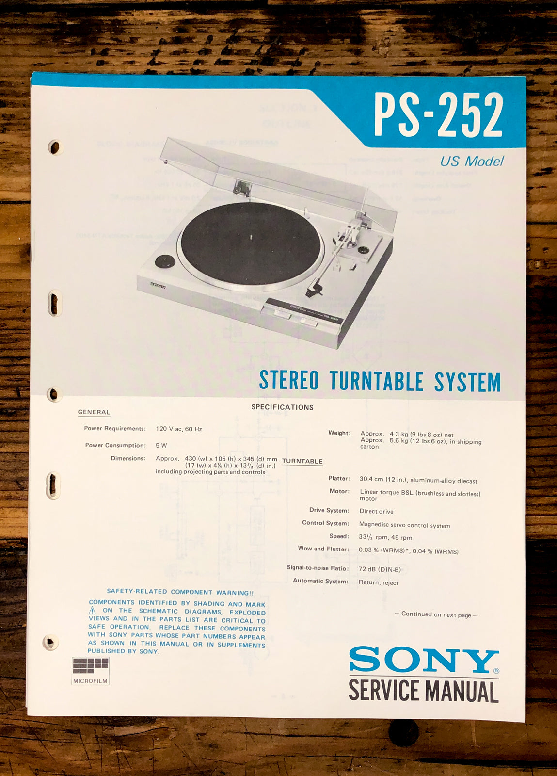 Sony PS-252 Record Player / Turntable  Service Manual *Original* #2