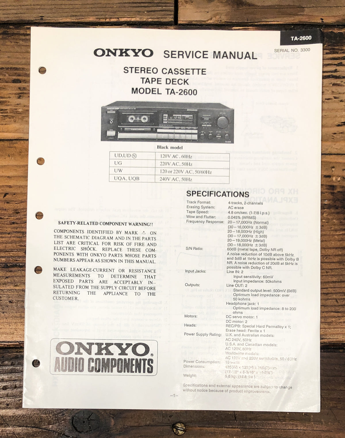 Onkyo TA-2600 Cassette Service Manual *Original*