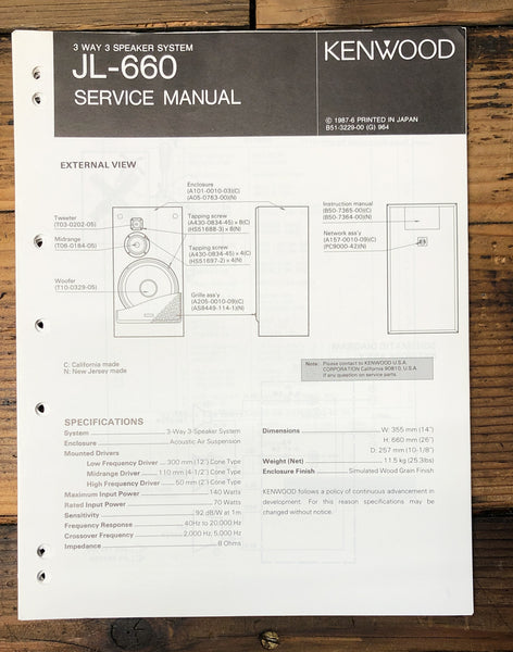 Kenwood JL-660 Speaker  Service Manual *Original*