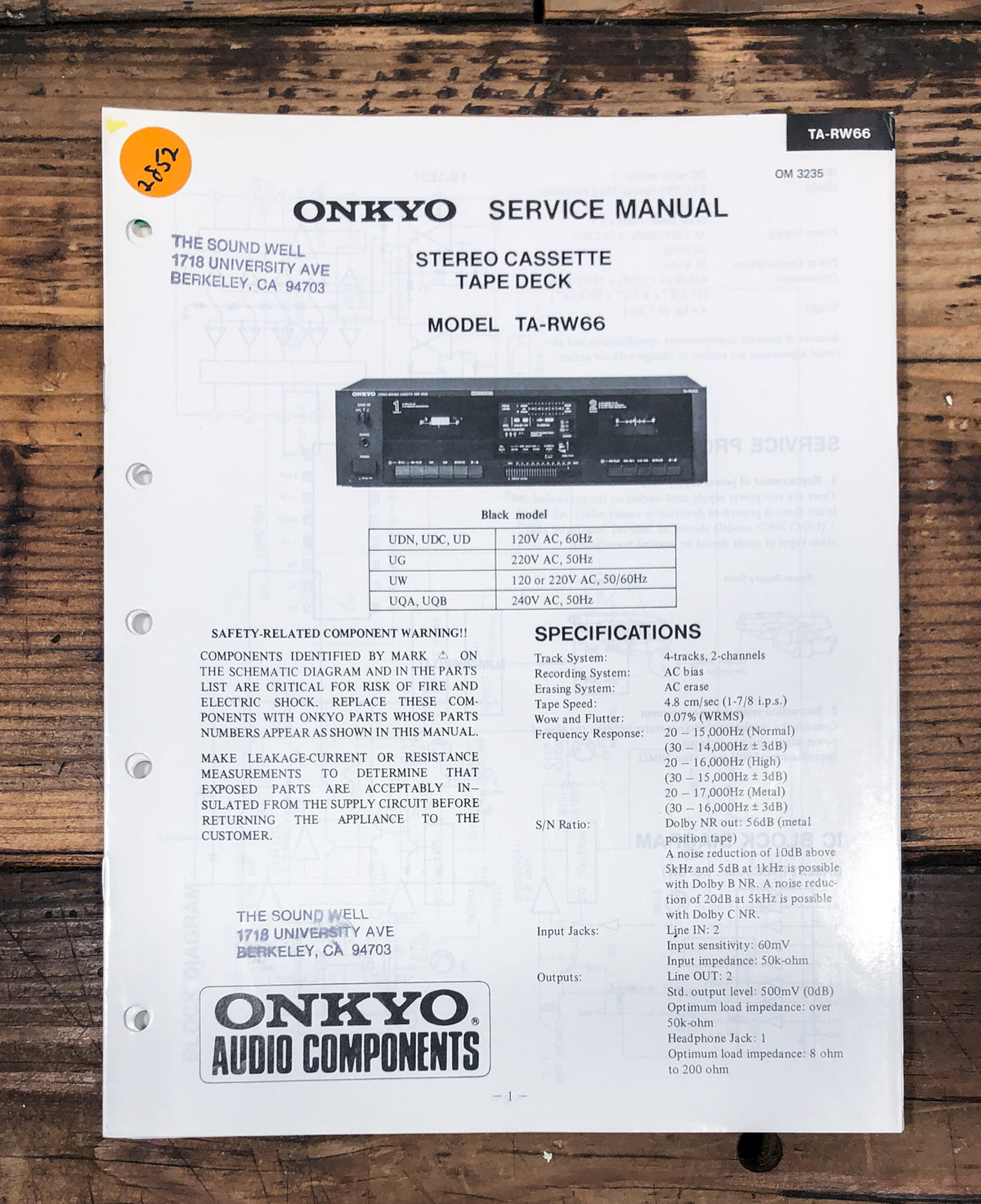 Onkyo TA-RW66 Cassette  Service Manual *Original*