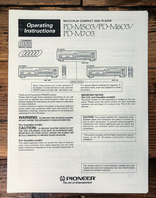 Pioneer PD-M503 PD-M603 PD-M703 CD Player Owners / User Manual *Original*