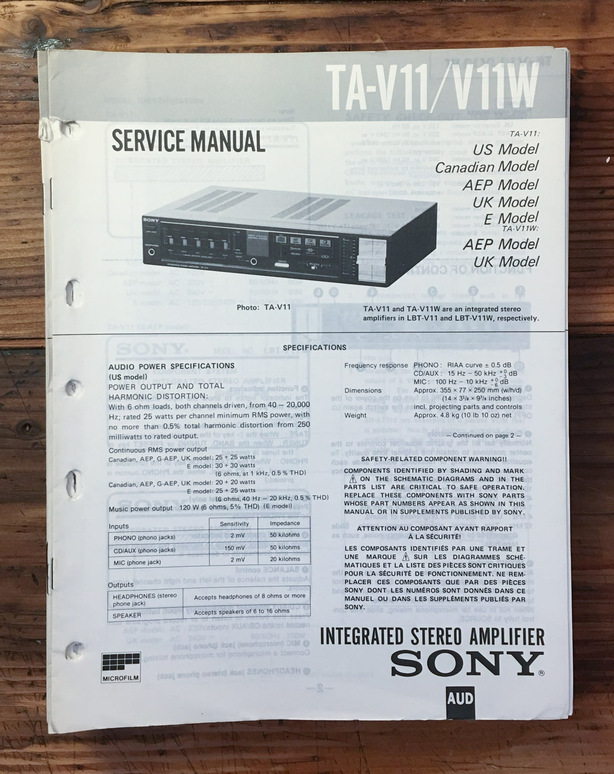 Sony TA-V11 TA-V11W Amplifier  Service Manual *Original*