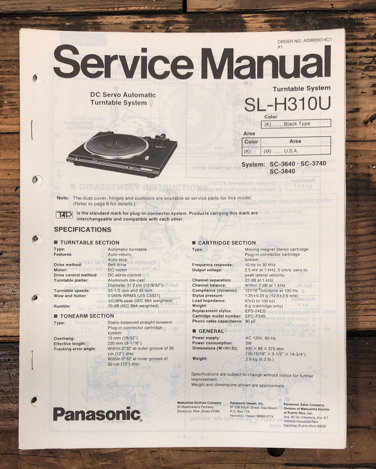 Technics / Panasonic SL-H310 SL-H310U Turntable  Service Manual *Original*