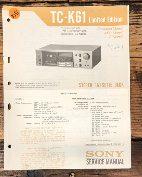 Sony TC-K61 Limited Edition Cassette Service Manual *Original*