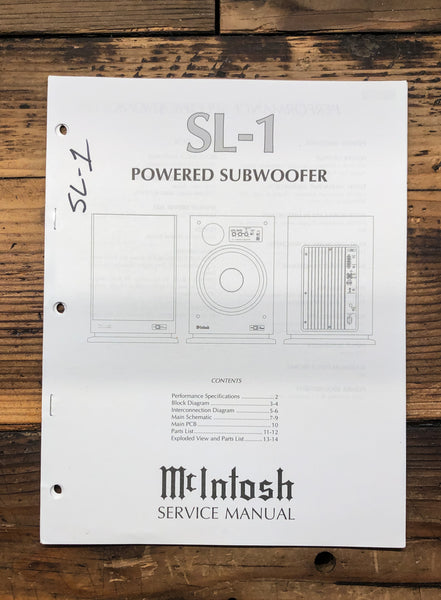 McIntosh SL-1 SL1 Subwoofer  Service Manual *Original*