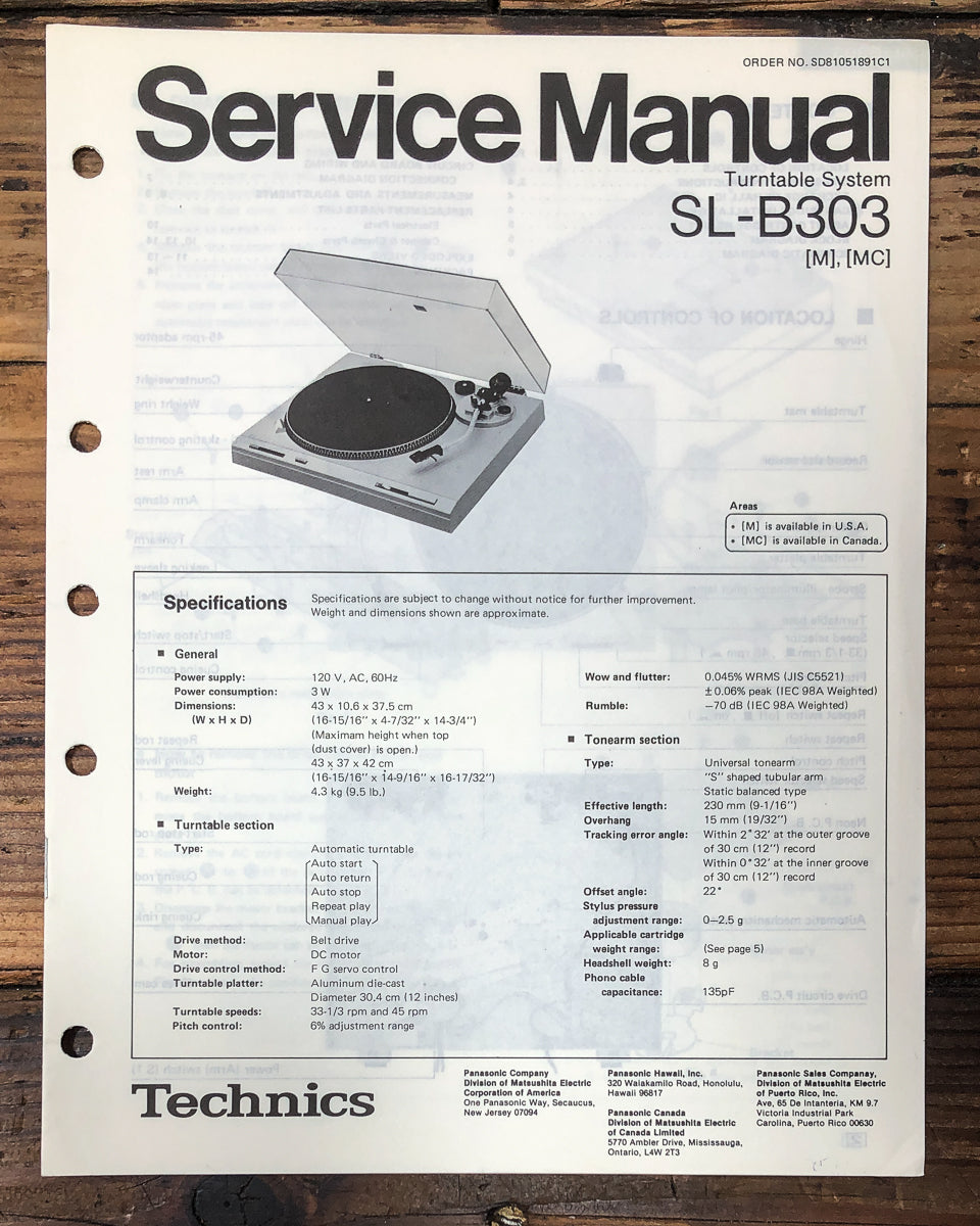 Technics SL-B303 Record Player / Turntable Service Manual *Original*
