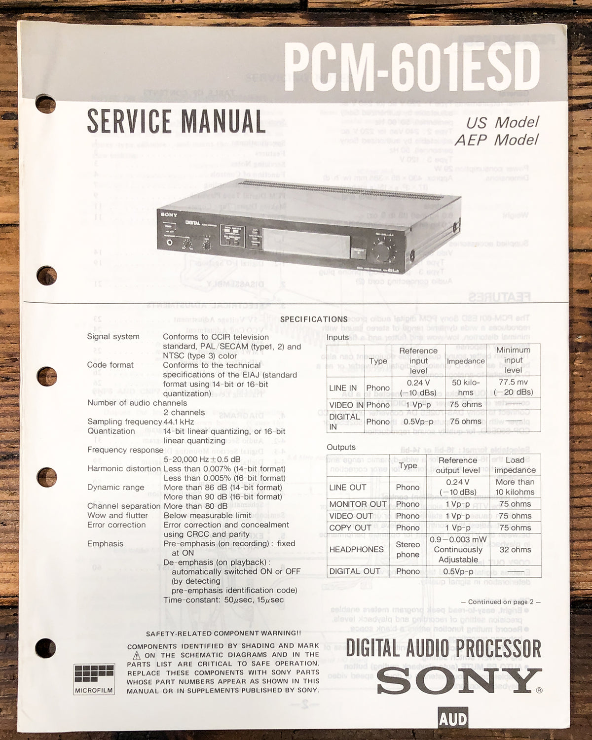 Sony PCM-601ESD Processor Service Manual *Original*
