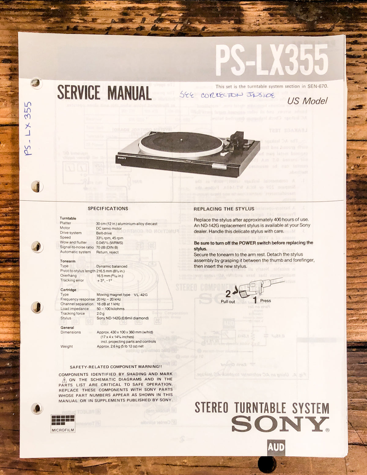 Sony PS-LX355 Record Player / Turntable  Service Manual *Original*
