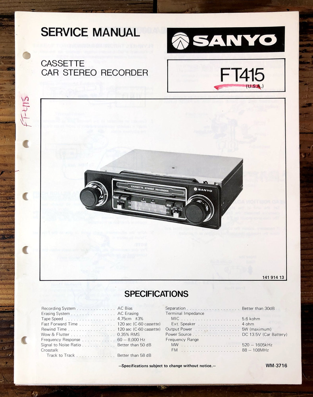 Sanyo FT415 Cassette Car Stereo Recorder Service Manual *Original*