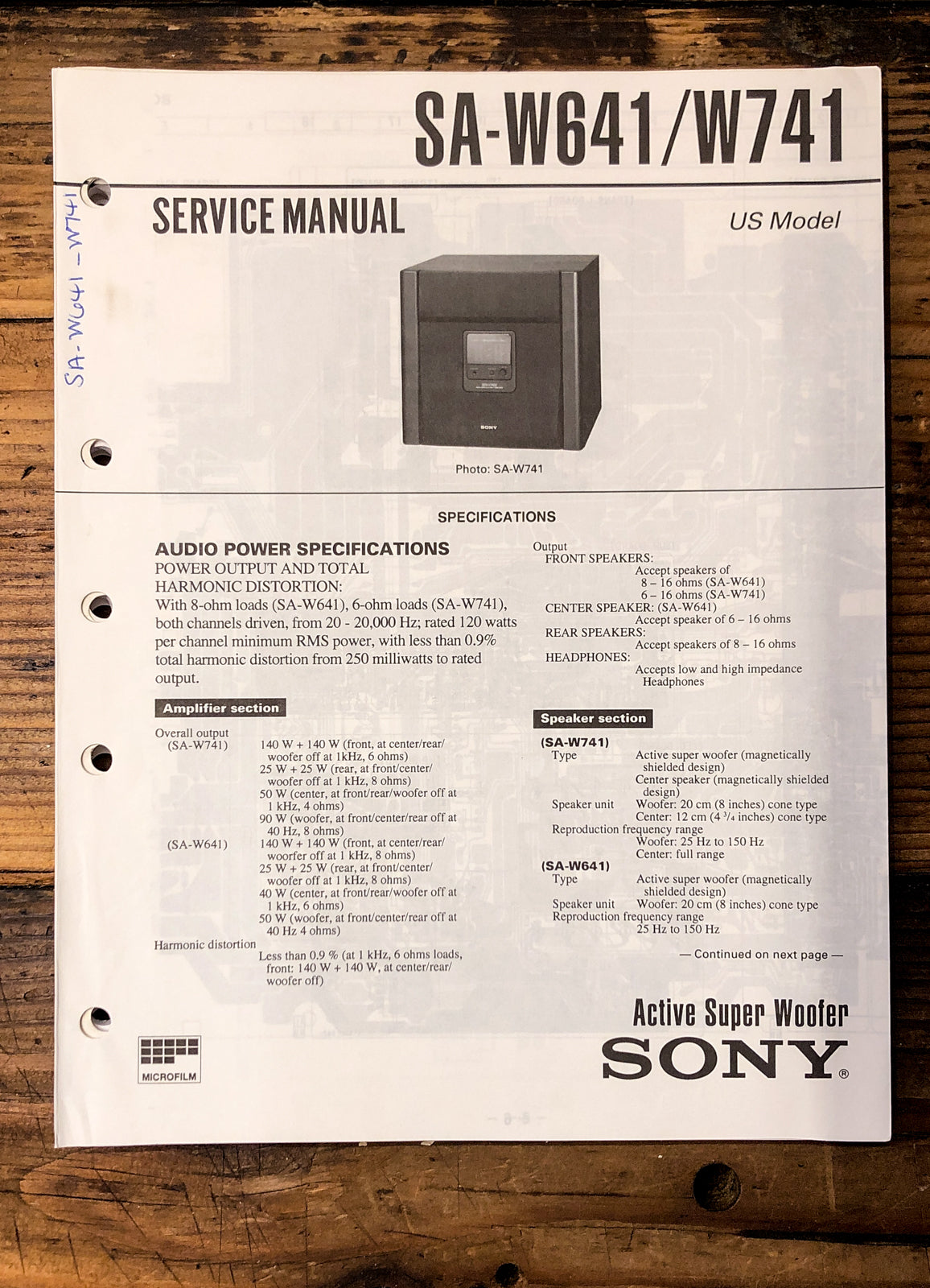 Sony SA-W641 SA-W741 Speaker  Service Manual *Original*