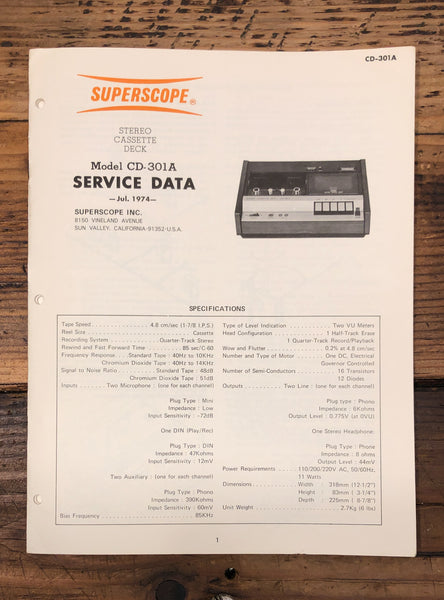 Superscope CD-301A Cassette  Service Manual *Original*