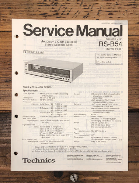 Technics RS-B54 Cassette  Service Manual *Original*