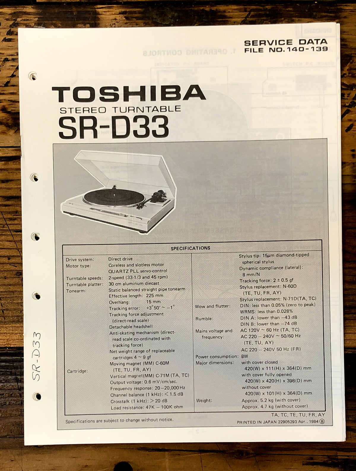 Toshiba SR-D33 Record Player / Turntable Service Manual *Original*