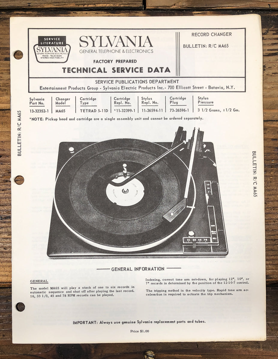 Sylvania / BSR R/C Model MA65 Record Changer Service Manual *Original*