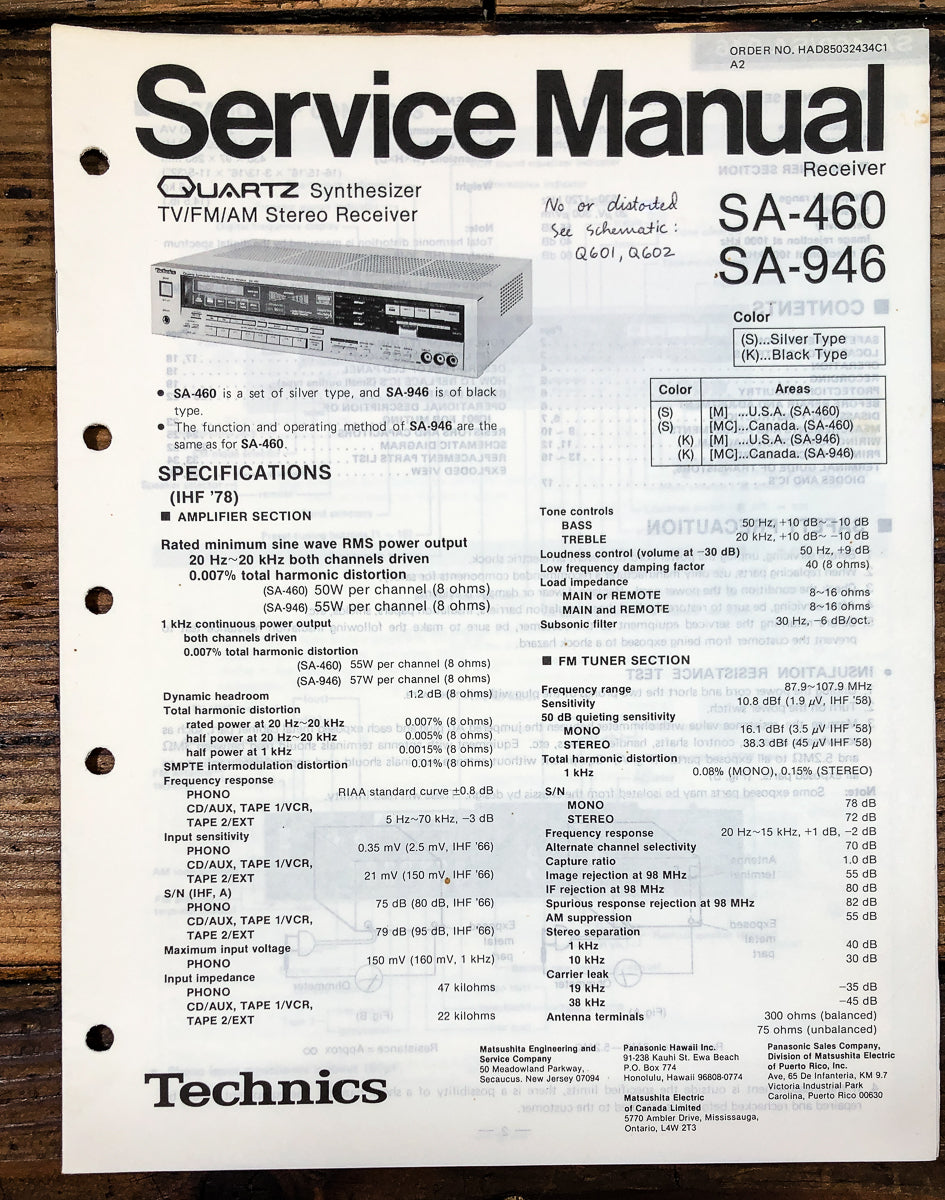 Technics SA-460 SA-946 Receiver Service Manual *Original*