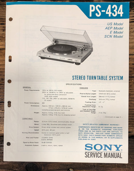 Sony PS-434 Record Player / Turntable Service Manual *Original*