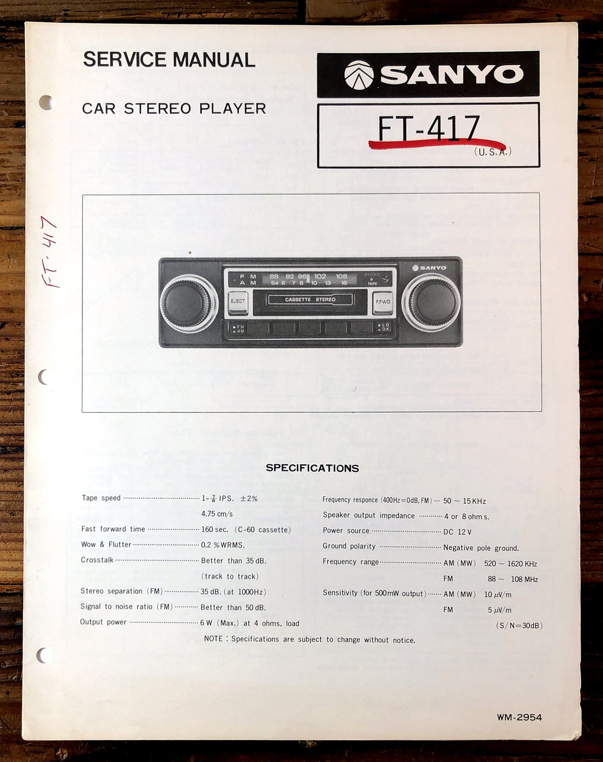Sanyo FT417 Car Stereo Player Service Manual *Original*