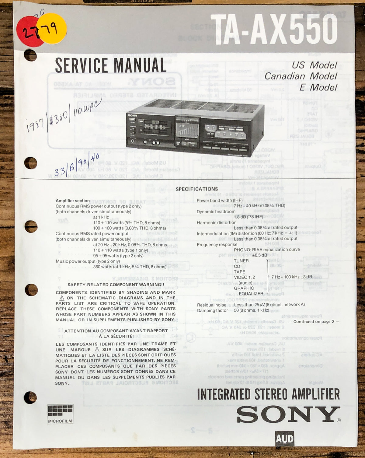 Sony TA-AX550 Amplifier  Service Manual *Original*