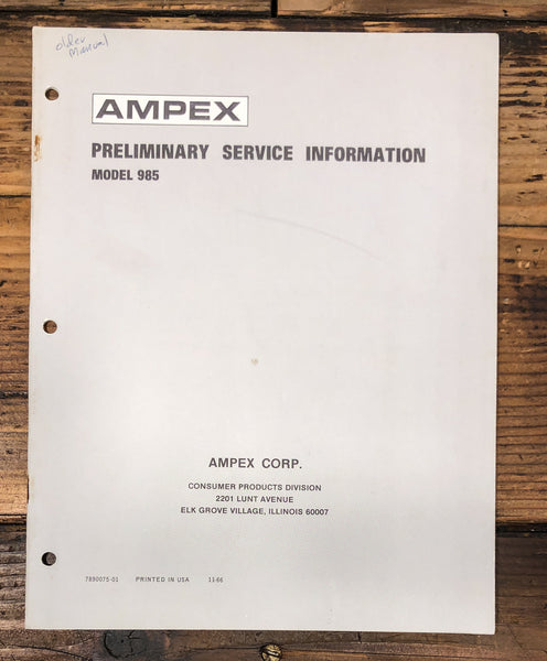 Ampex Model 985  Prelim. Service Manual *Original*