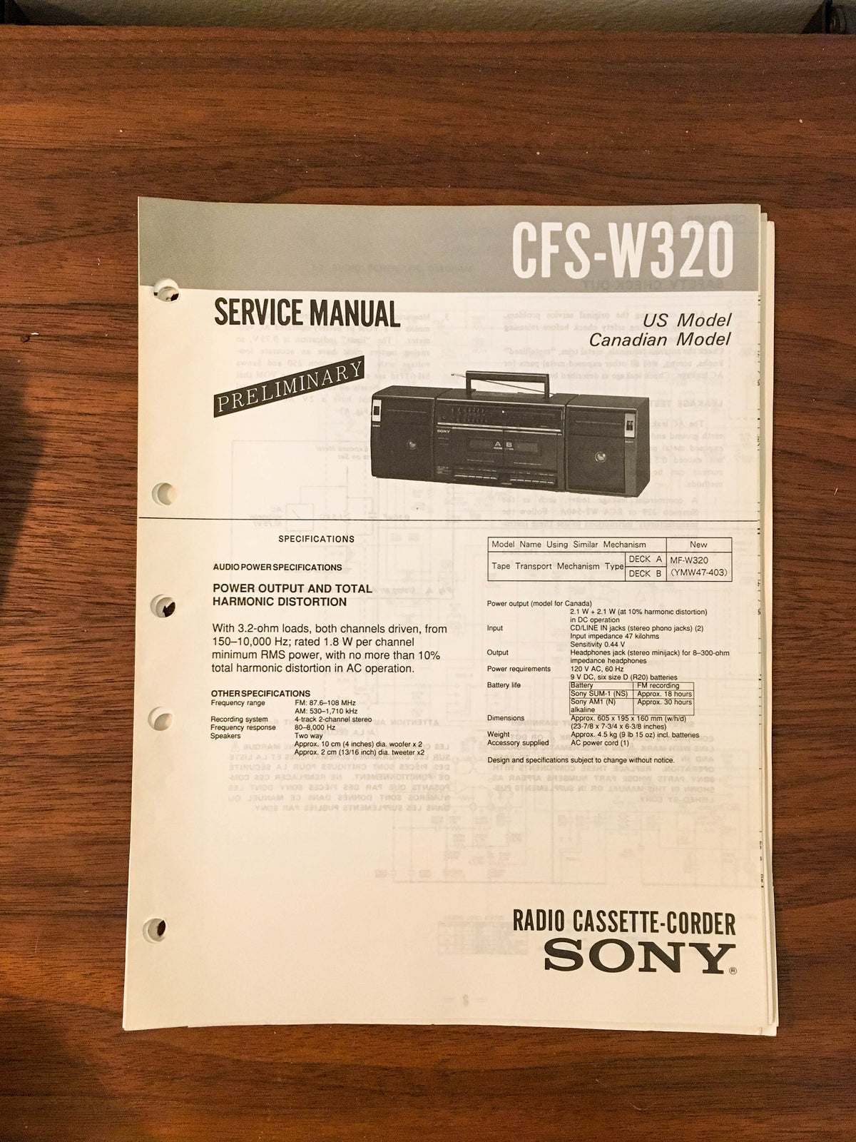Sony CFS-W320 RADIO CASSETTE Preliminary Service Manual *Original*