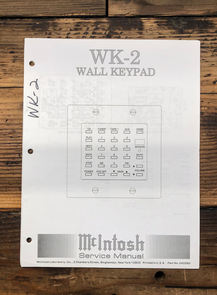 McIntosh WK-2 WK2 Keypad  Service Manual *Original*