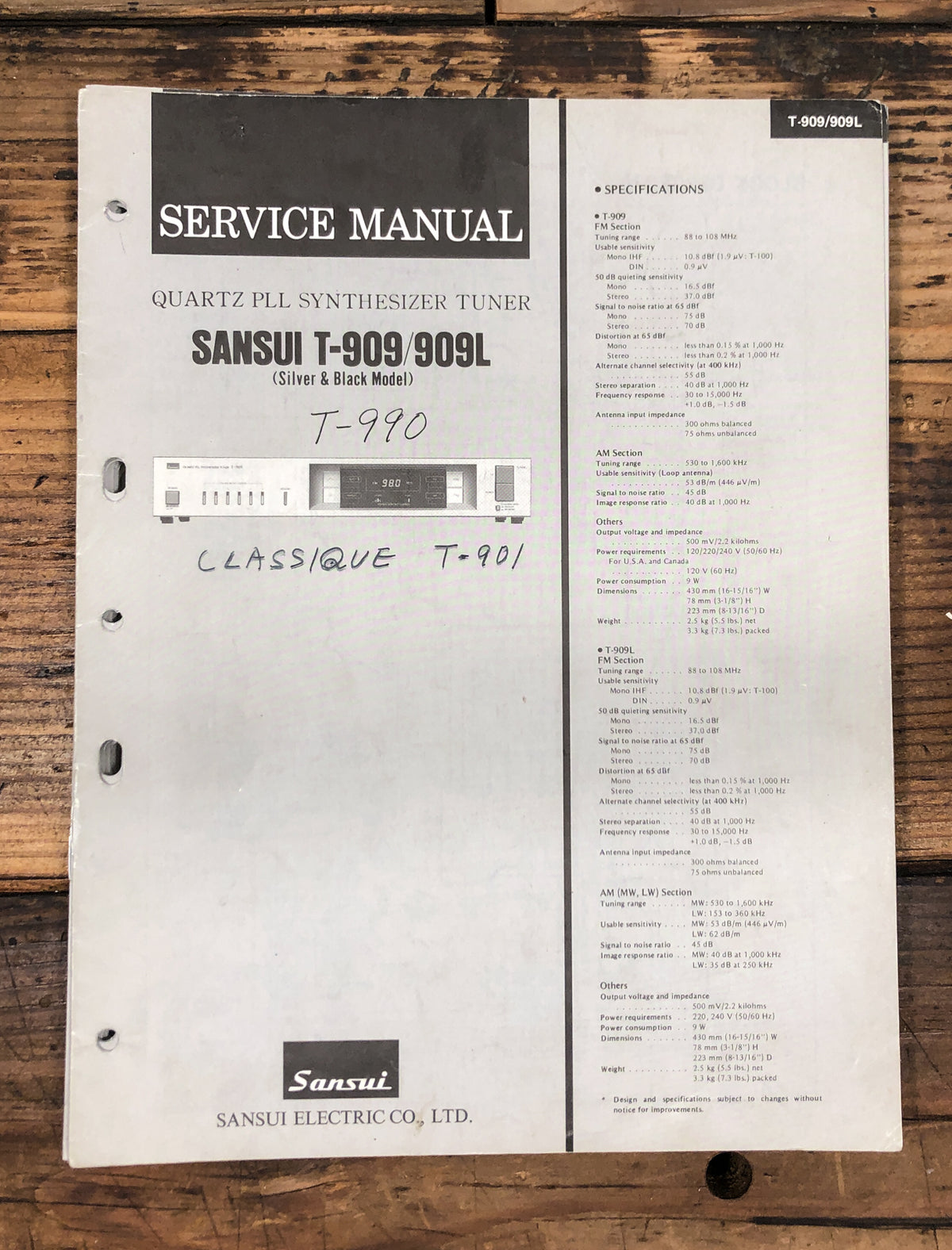 Sansui T-909 T-909L Tuner  Service Manual *Original*