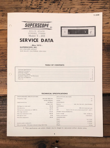 Superscope T-208 Tuner  Service Manual *Original*