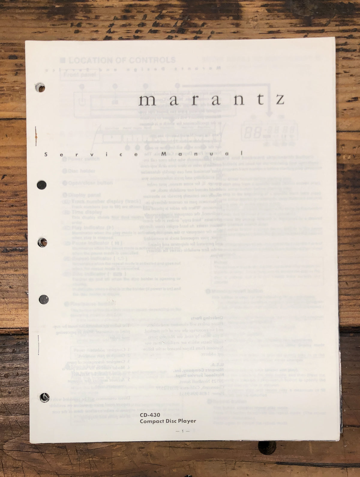 Marantz CD-430 CD Player  Service Manual *Original*