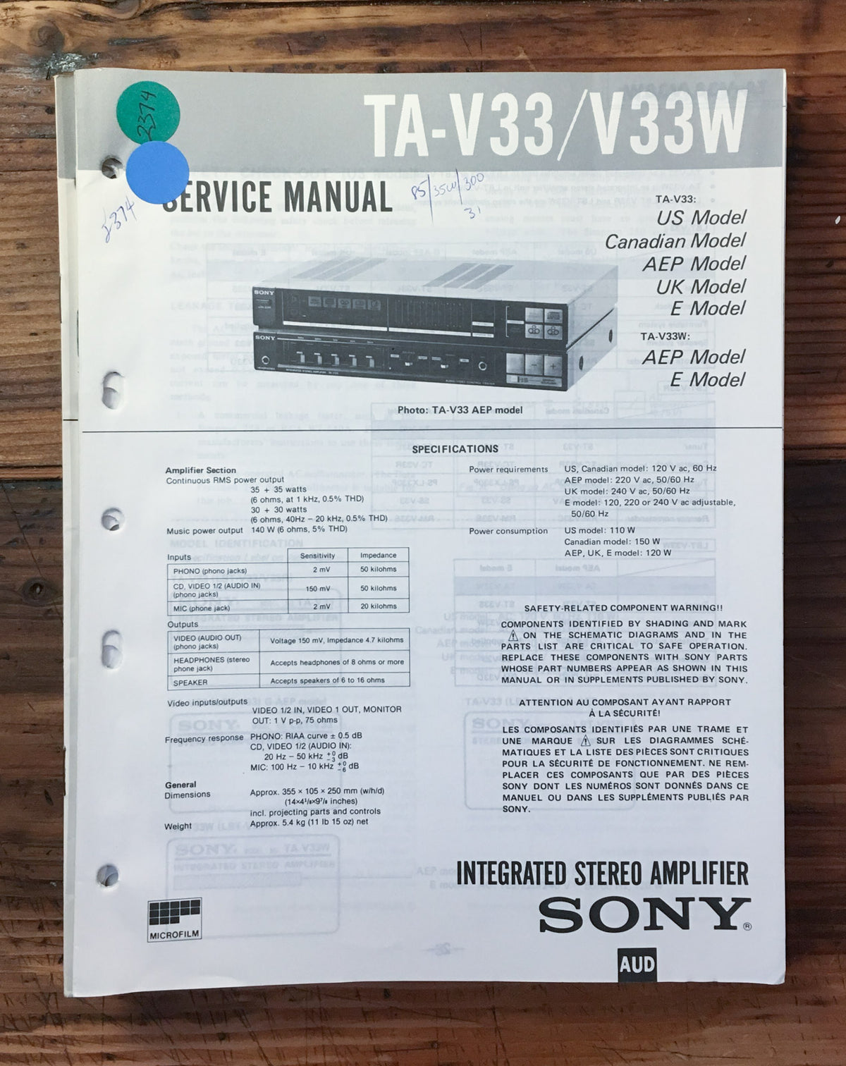 Sony TA-V33 TA-V33W Amplifier  Service Manual *Original*