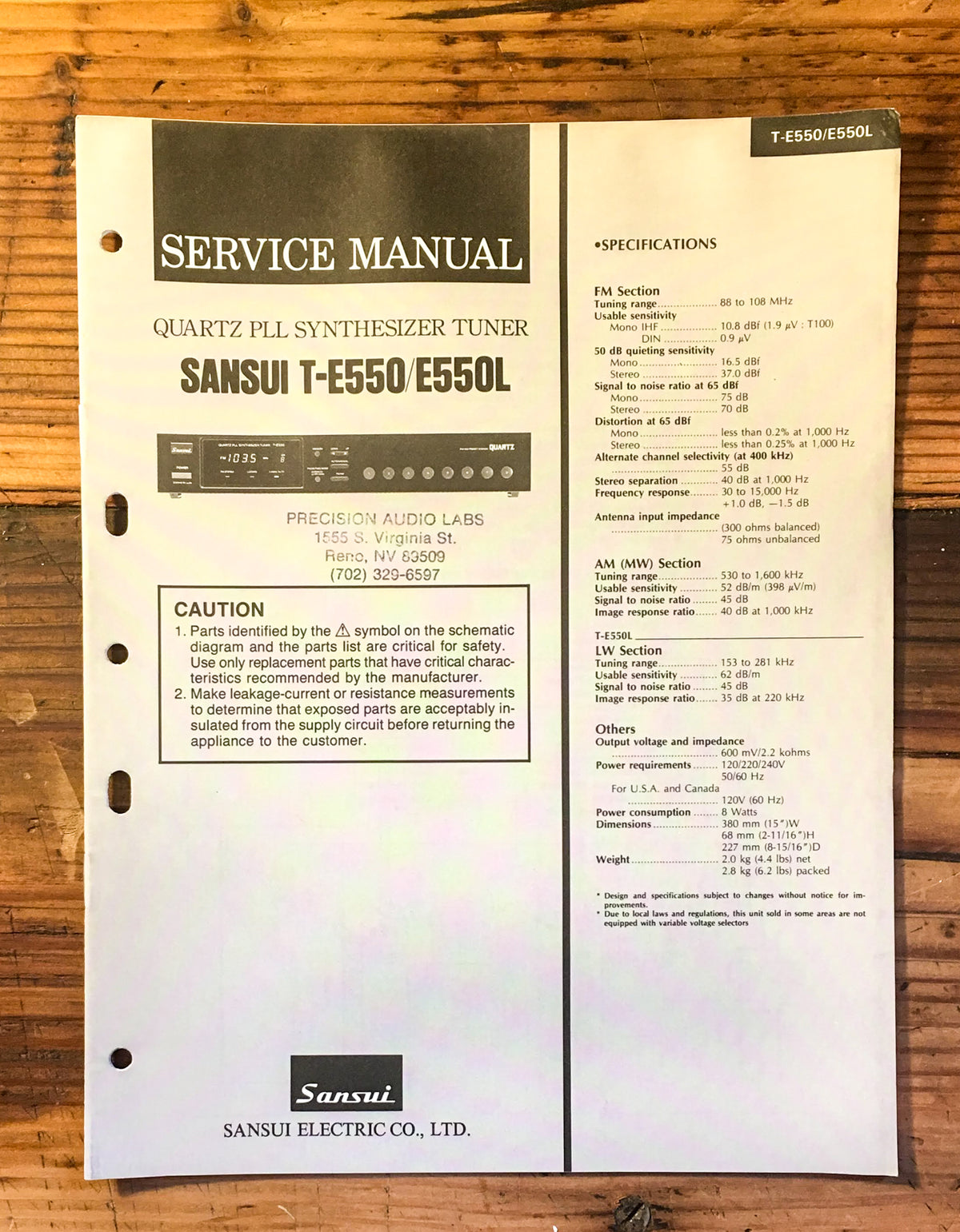 Sansui T-E550 T-E550L Tuner Service Manual *Original*