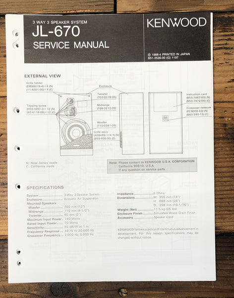 Kenwood JL-670 Speaker  Service Manual *Original*