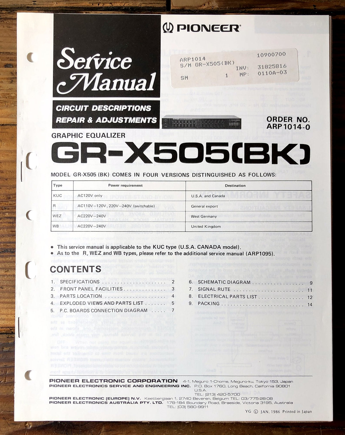 Pioneer GR-X505 Graphic Equalizer Service Manual *Original*