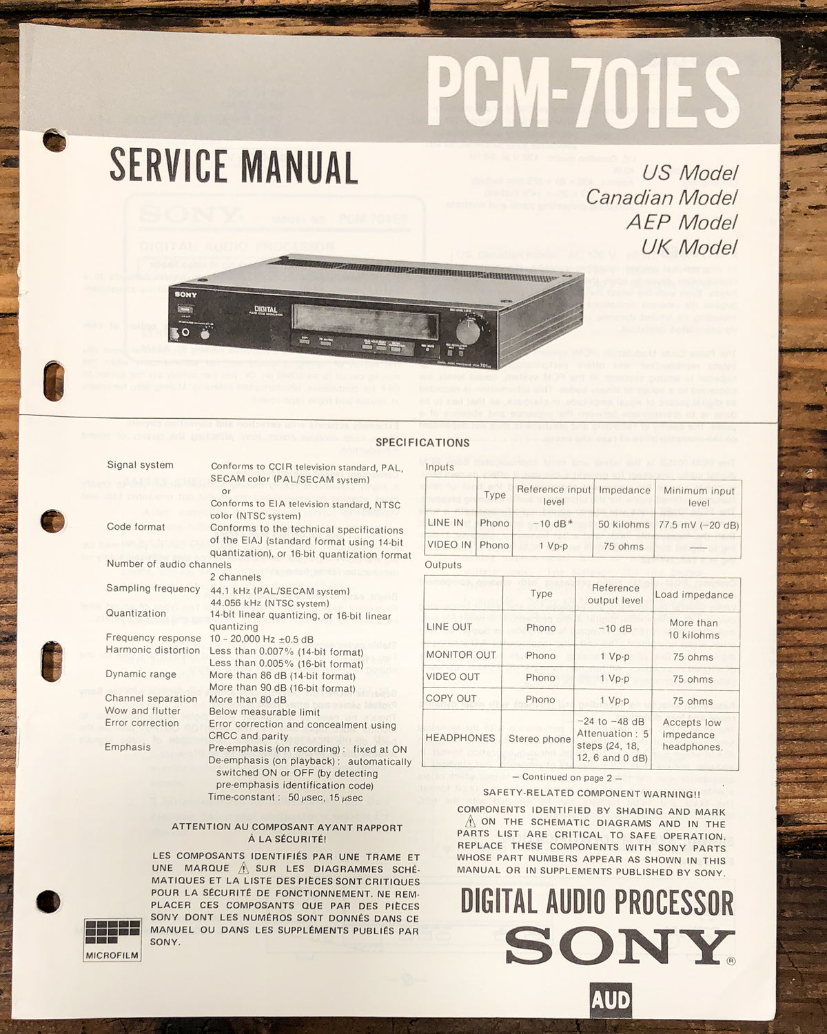 Sony PCM-701ES Processor Service Manual *Original*