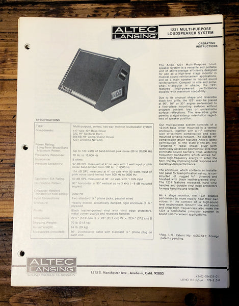 Altec Model 1231 Speaker  Owners Manual & Schematic *Orig*